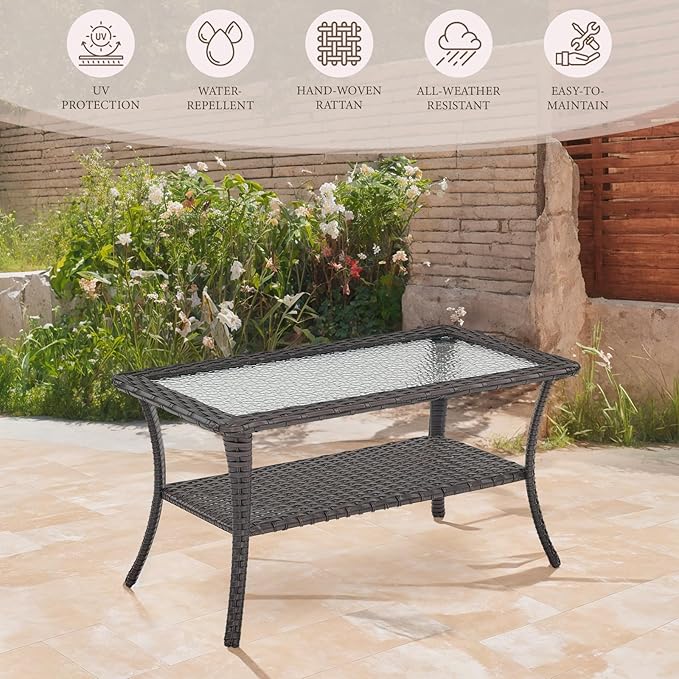 Patio Furniture Set 2 Wicker Patio Chairs 1 Sofa with PE Rattan Coffee Table Brown Wicker Grey Cushions Patio Conversation Set 4pcs for Garden Balcony Sunroom Backyard