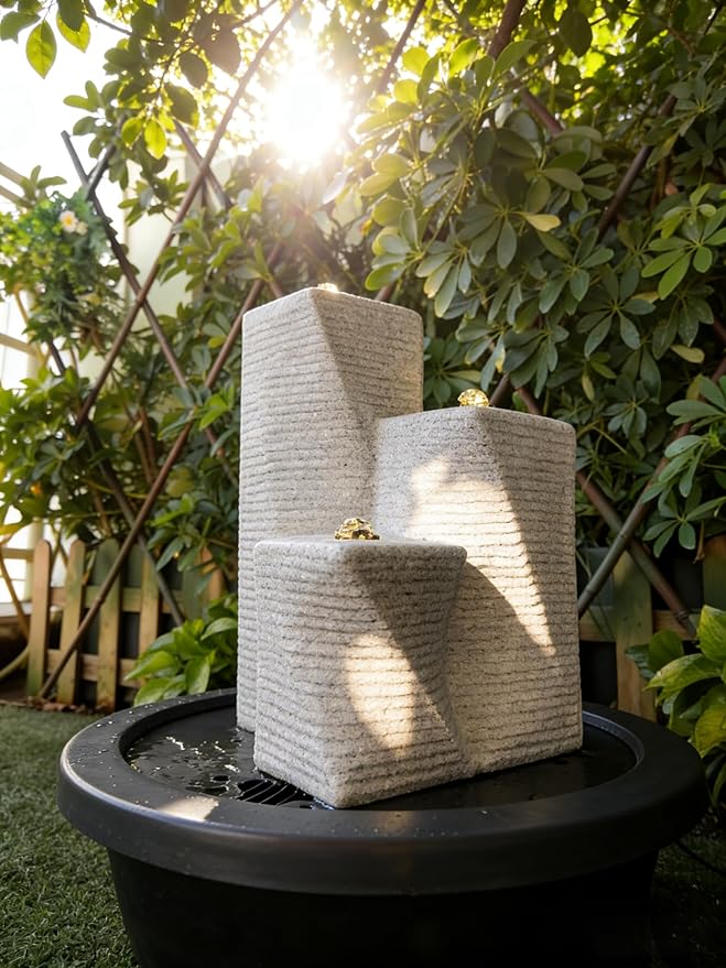 Modern Outdoor Garden Fountain with Flowing Water, 3-Tier Square Resin Water FeatureElectric Patio Yard Fountain with Circulating Pump, Contemporary Stone Look Decor