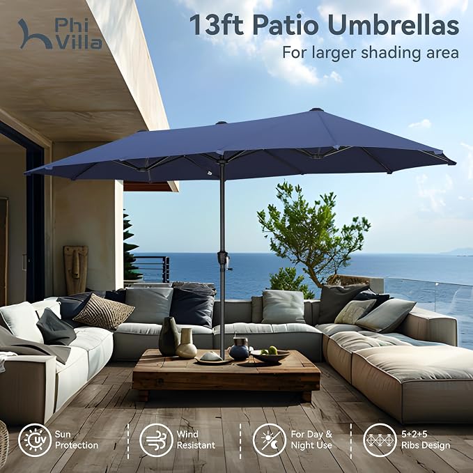 PHI VILLA 8 Pcs Outdoor Dining Set with 13ft Umbrella, Mesh Patio Chairs | 59'' rectangular metal table, 6 textilene chairs and 13ft navy blue umbrella(NO BASE), all-weather for deck, garden, backyard