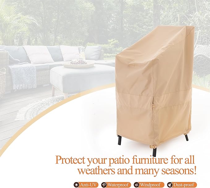 WJ-X3 Stackable Patio Chair Cover, Heavy Duty, Wind Resistant and Waterproof Outdoor Lawn Patio Chair Covers, 28W x 36D x 45H, (4-6 Stacked Chairs), Beige, 1-Pack