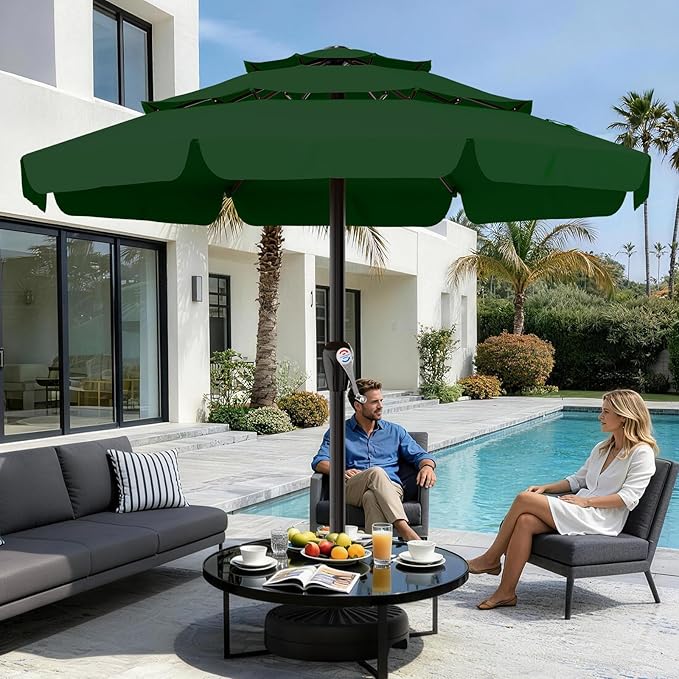 AreShark 12FT 3-Tiers Patio Umbrella with Valance, Outdoor with Crank, Large Outdoor Market Umbrellas Vented with 8 Sturdy Ribs, Patio Table Umbrellas for Garden, Deck, Backyard, Pool, Dark Green