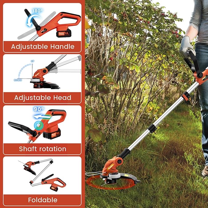 20V 12" Cordless String Trimmer With 2 X 2.0Ah Battery and Charger, Electric Grass Trimmer Battery Powered Eater String, Edger Lawn Tool Grass Cutter With 8pcs Line, Lawn Mover For Garden Yard, Orange