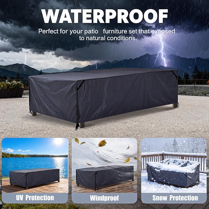 Waterproof Patio Furniture Covers, 420D Oxford Rectangular Outdoor Table and Chairs Set Cover, Anti-UV & Windproof Garden Furniture Protector for Dining Set, Sofa, Sectional, DarkGrey