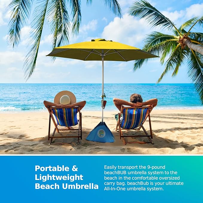 BEACHBUB ALL-IN-ONE BEACH UMBRELLA SYSTEM. Includes ULTRA Base (compliant with the ASTM F3681-24 Beach Umbrella Safety Standard). (Sun-kissed Yellow)