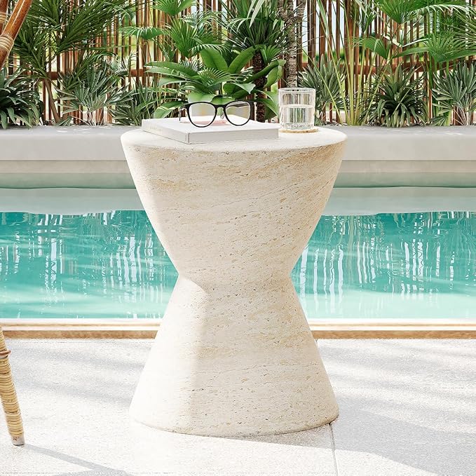 Outdoor Side Table Faux Marble Side Tables Travertine End Table Round Small Coffee Tables for Patio, Garden Stool Plant Stand for Porch, Backyard, Magnesium Oxide,Hourglass,Waist Drum