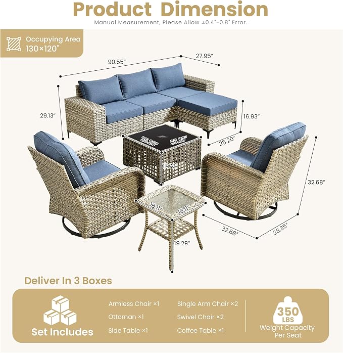 HOOOWOOO 8 Pieces Patio Furniture Set,L Shaped Outdoor Sectional Couch with Swivel Chiars Solar Table, Pe Wicker All Weather Outside Conversation Sofa Ottoman Set,Denim Blue
