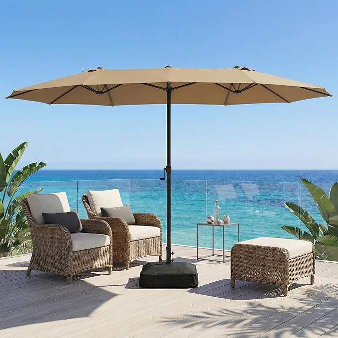 15FT Large Double Sided Patio Umbrella with Base, Aluminum Crank and Heavy Duty Carbon Steel Ribs Outdoor Umbrellas, Fade Resistant Rectangular Market Umbrella for Pool, Deck, Commercial, Backyard, Patio, Rental, Beige
