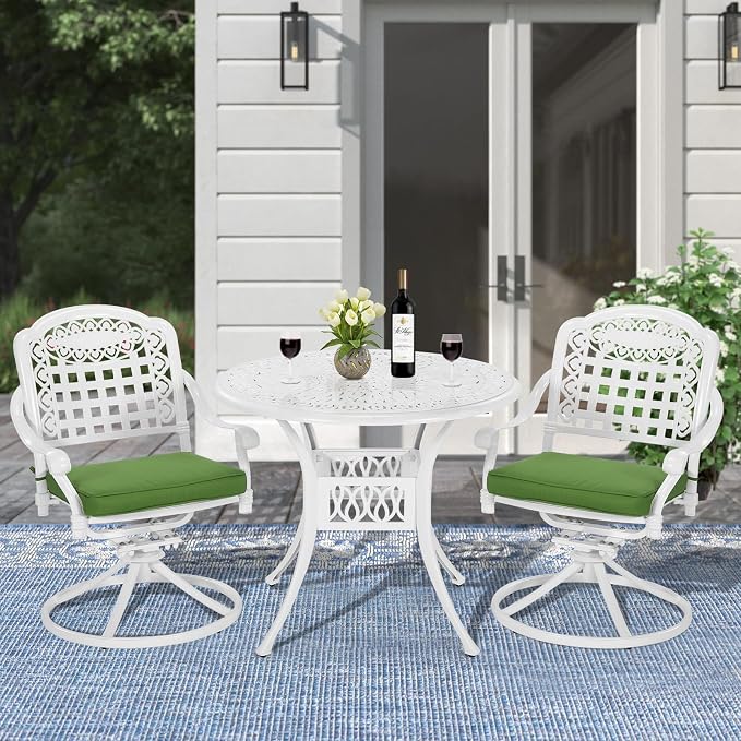 MEETWARM 3-Piece Outdoor Patio Dining Set, All-Weather Cast Aluminum Patio Conversation Set, 2 Cushions Swivel Rocker Chairs and 35.4" Round Table for Backyard Garden Deck, Umbrella Hole, White