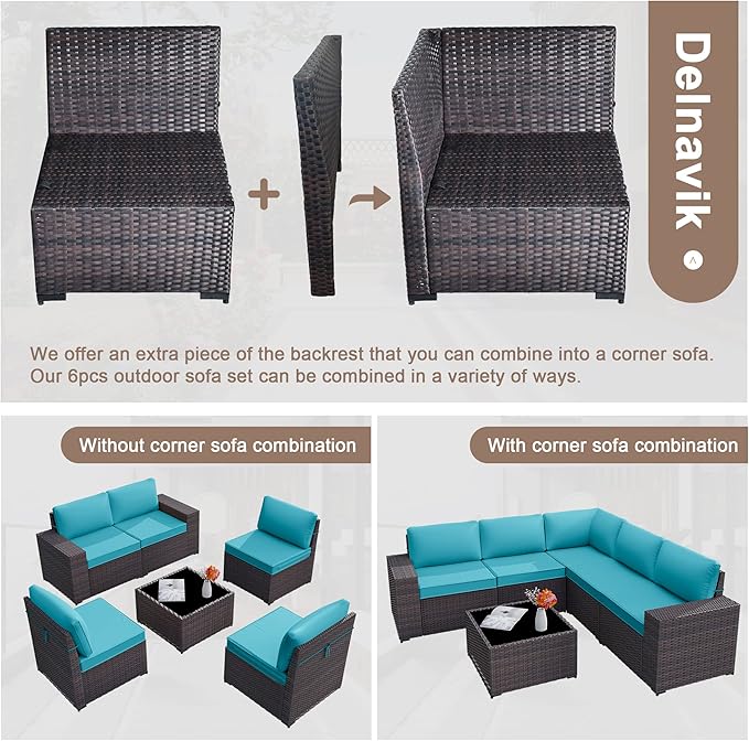 Patio Furniture Set Sofa 6-Pieces Wicker Sectional Sofa Set, Outdoor Furniture Rattan Patio Conversation Set with Thickened Cushion and Glass Coffee Table, Blue