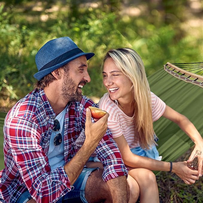 Tranquillo Double Hammock 2 Persons Cotton Canvas 600 lbs Portable Camping Hammock with Solid Curved Wood Spreader Bar Hammock for Camping Travel Indoor Patio Garden, Sage