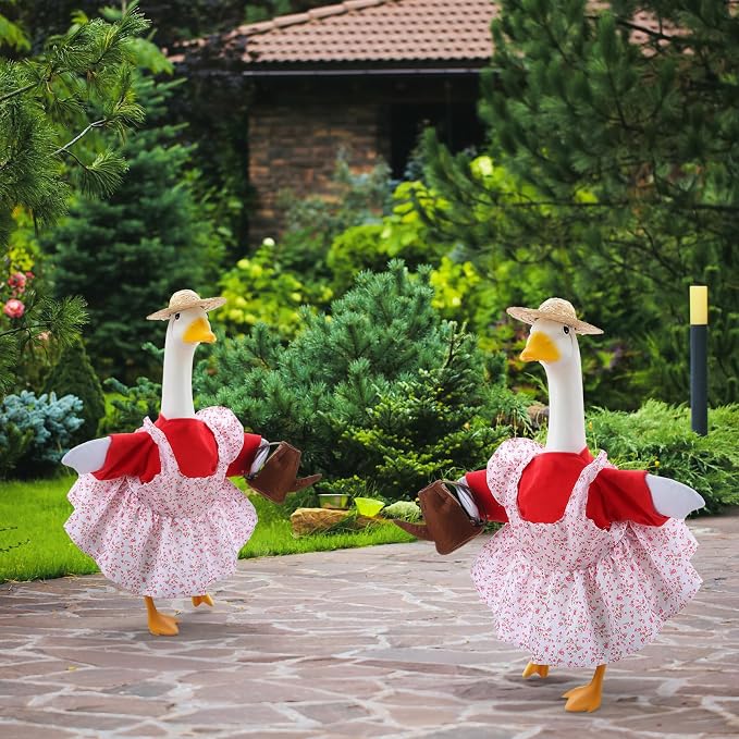 Gardener Porch Goose Outfit for 23 Inch Cement Plastic Statue, Spring Summer Goose Clothes Costume with Hat and Garden Accessories for Outdoor Yard Lawn Patio Decor