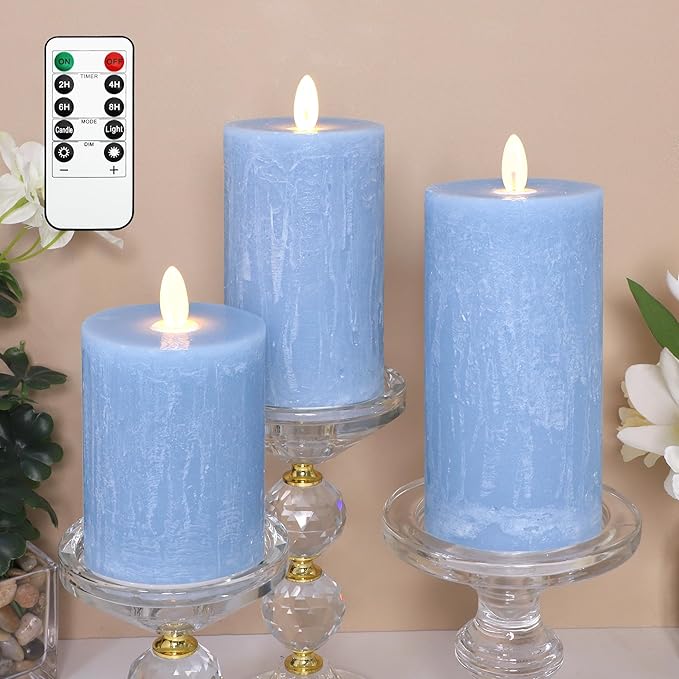 Rustic Blue Flameless Candles with Remote Control & Timer Real Wax Ocean Pillar LED Candles Rough Texture Design Battery Candles for Home Party Nautical Wedding Christmas Valentine's Day Decor