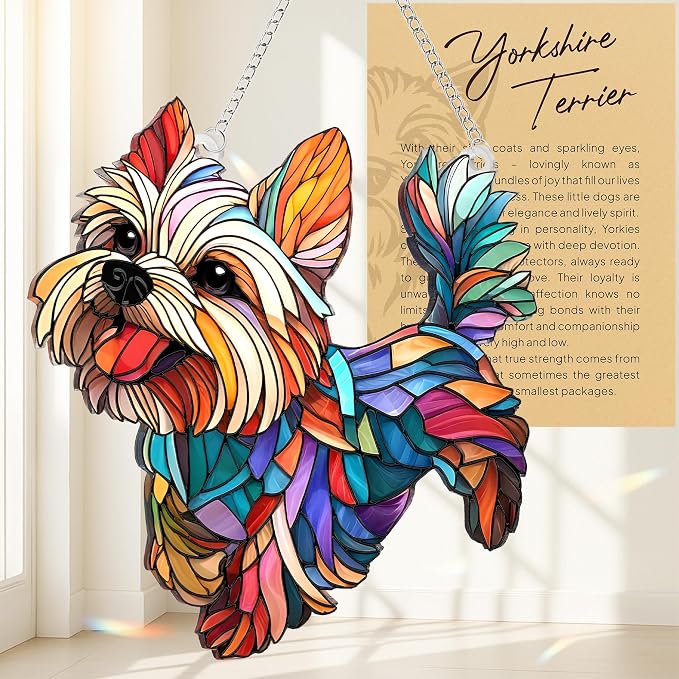 Yorkshire Gifts for Women, Colorful Yorkshire Ornament for Window Hanging | 4.4"x4.6" Acrylic Suncatcher Ornament Faux Stained Glass, Dog Lovers Gifts for Women, Dogs Christmas Ornaments for Tree