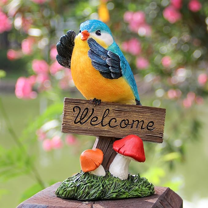 Leekung Bird Garden Statue Welcome Sign Outdoor Garden Decor for Patio Yard | Resin Bird Figurine Welcome Sign, Weather-Resistant Garden Statue for Front Porch,Entryway,Shelf,Table,Gift for Bird Lovers