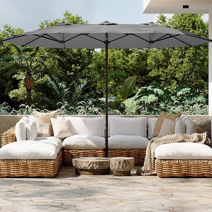 AECOJOY 15x9ft Double-Sided Patio Umbrella Outdoor Market Umbrella Large Umbrella Table 177''x104'' Umbrellas with Crank Air Vents for Deck Pool Patio (1.9" Pole, Dark Grey)