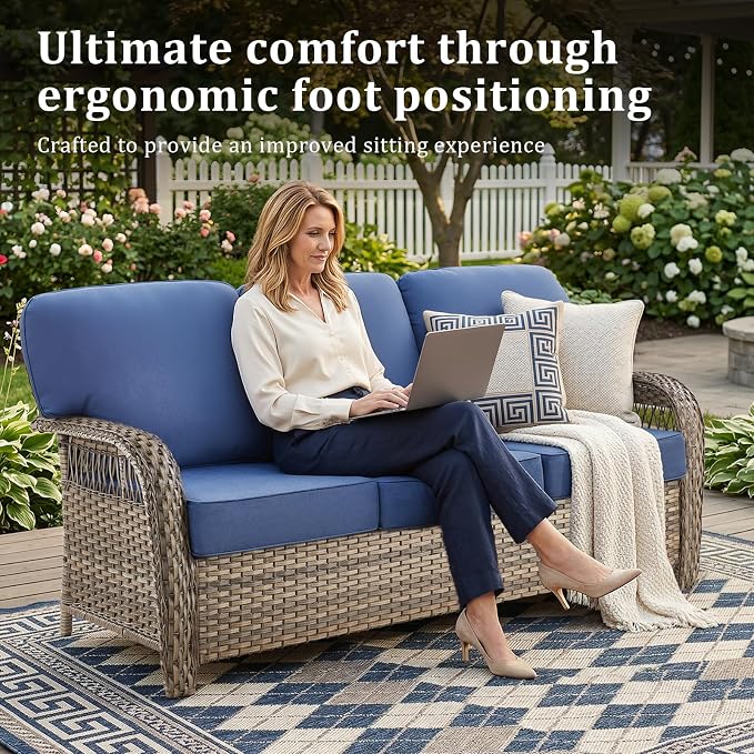 7 PCS Patio Furniture Set Outdoor Sectional Sofa Couch with Rocking Swivel Chairs 5" Deep Seat Chairs, Modern Wicker Rattan Conversation Set, Blue/Gray Wicker