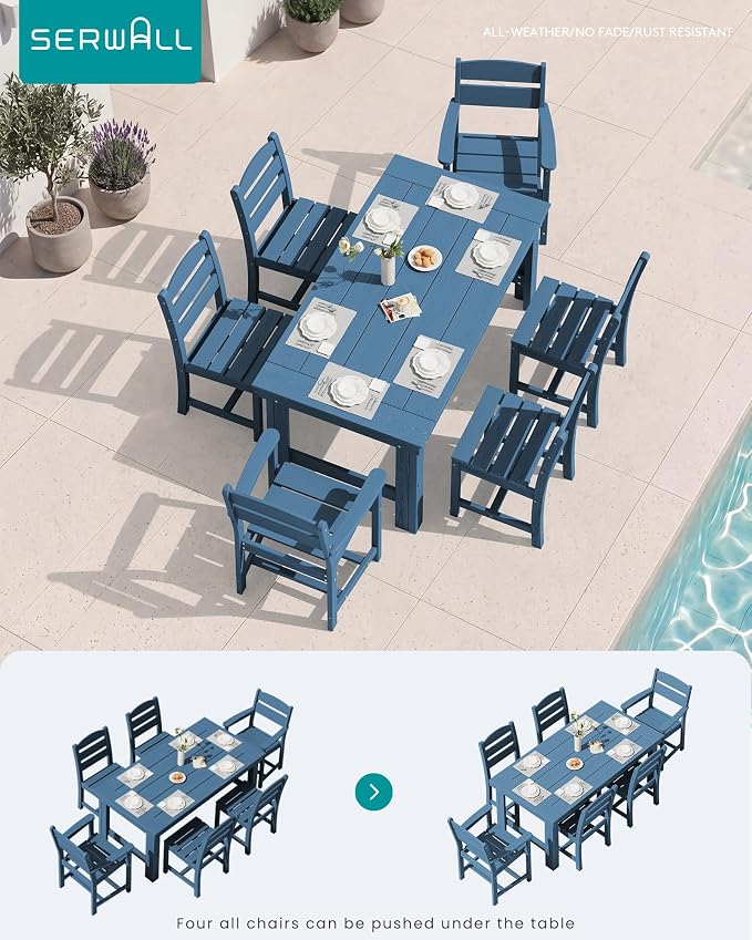 SERWALL HDPE Outdoor Dining Table and Chairs Set for 6 | with Armless Chair Seat