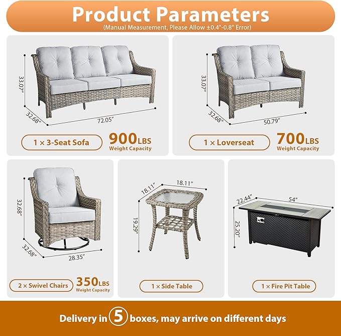 6 PCS Outdoor Patio Furniture Sets,Patio Conversation Sets Outside Rattan Soft Cushion Sofa with 2 Wicker Rocking Chairs & 54 in Fire Pit Table Fit Backyard Porch Garden Poolside Balcony,Light Grey