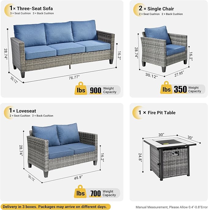 ovios 5 Pieces Patio Furniture Set, Outdoor Wicker Rattan Sofa Couch with 30" Fire Pit Table, Loveseat Chairs, Conversation Sets for Yard Porch Garden, Denim Blue