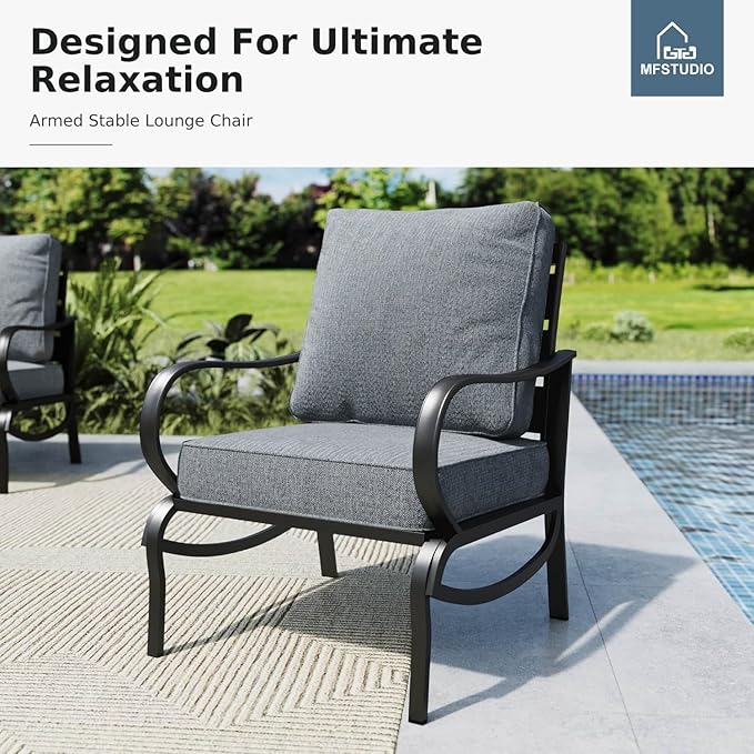MFSTUDIO 6 Pieces Patio Furniture Sets with 45" Gas Fire Pit Table(Up to 7 Seat), Outdoor Metal Frame Patio Conversation Sofas with 1 x 3-Seat Sofa, 2 Sofa Chairs and 2 Ottoman, Grey Cushion