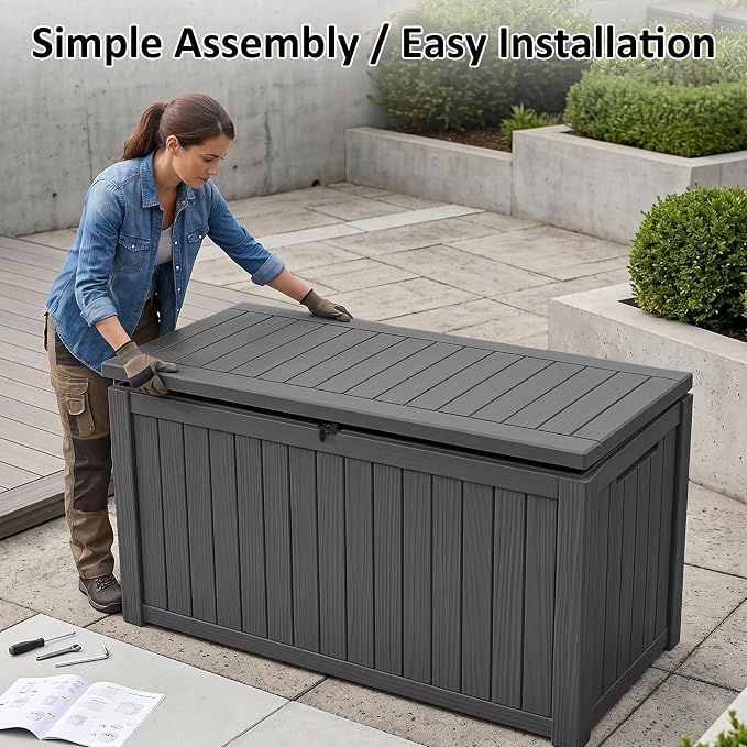 PatioZen 200 Gallon Deck Box, Outdoor Storage Box, Large Deck Box, Lockable, Waterproof &UV-resistant for Patio Furniture, Garden Tools, Garden Tools, Pool Accessories black
