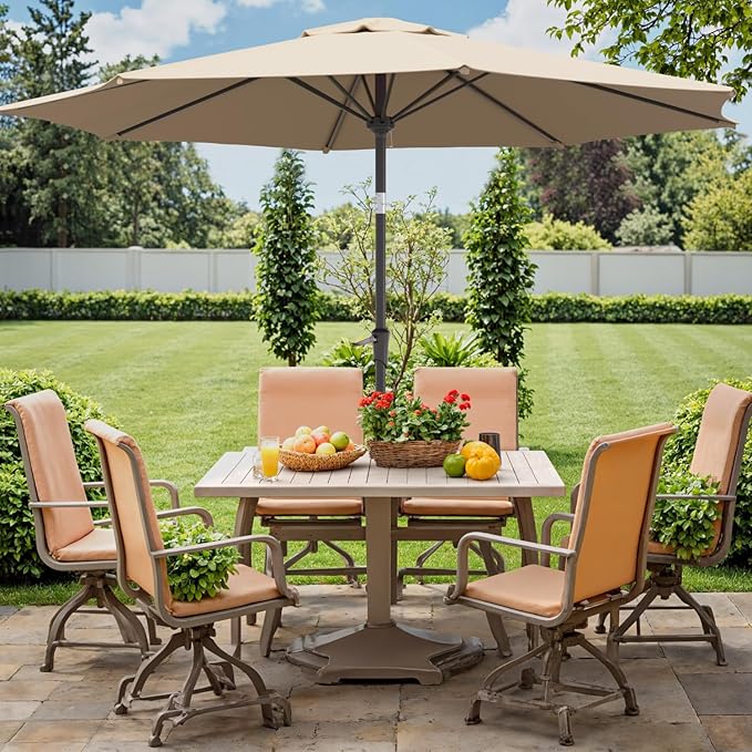 Outdoor Patio Umbrella with One Push Button Tilt and Crank, 8 Sturdy Ribs Market Table Umbrella
