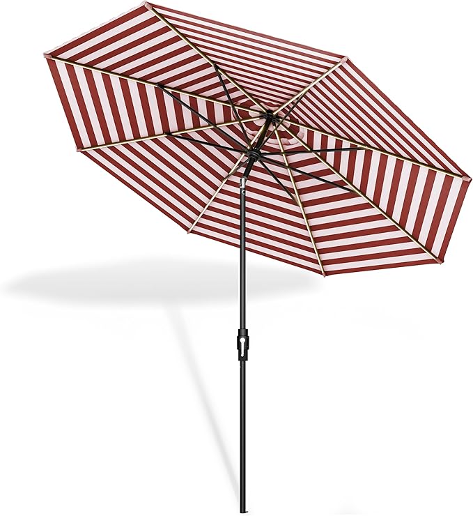 Midtown Umbrellas The LED Swilt 10 Feet Patio Umbrella With Terylast Red Stripes (Red/White) Polyester Fabric - Auto-Tilt Aluminum Frame With LED Lights For Backyard, Deck, Garden, Pool - Black Pole
