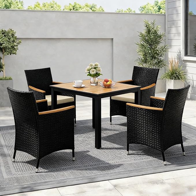 COSTWAY 5-Piece Patio Dining Set for 4, Outdoor Rattan Wicker Table and Chairs Furniture Set with Umbrella Hole, Acacia Wood Tabletop for Backyard, Balcony, Poolside, Black & Beige