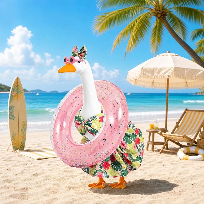 Summer Porch Goose Outfit with Sunglasses and Swim Ring for 23" Goose Statue Hawaiian Bikini Goose Outfits Porch Goose Clothes Costume for Garden Lawn Yard Decor(Hawaiian Flowers)