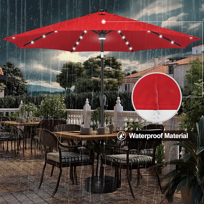 FLAME&SHADE 10 ft Solar Powered Outdoor Market Patio Table Umbrella with LED Lights and Tilt, Red