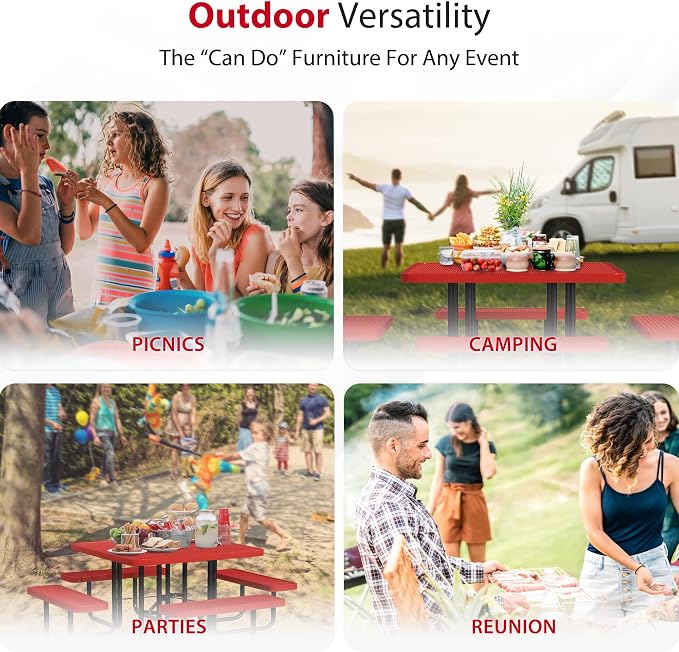 Leisure Craft Metal Picnic Table with Bench - 46" Square Outdoor Dining Table for 8 with Umbrella Hole, Weatherproof Heavy Duty Thermoplastic Coating, Commercial Grade Furniture Made in USA - Red