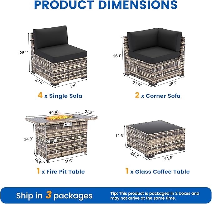 8-Piece Patio Furniture Set with 44” Fire Pit Table - All-Weather Wicker Conversation Sectional Sofa & Coffee Table with Thickened Cushions for Backyard, Garden(Black)