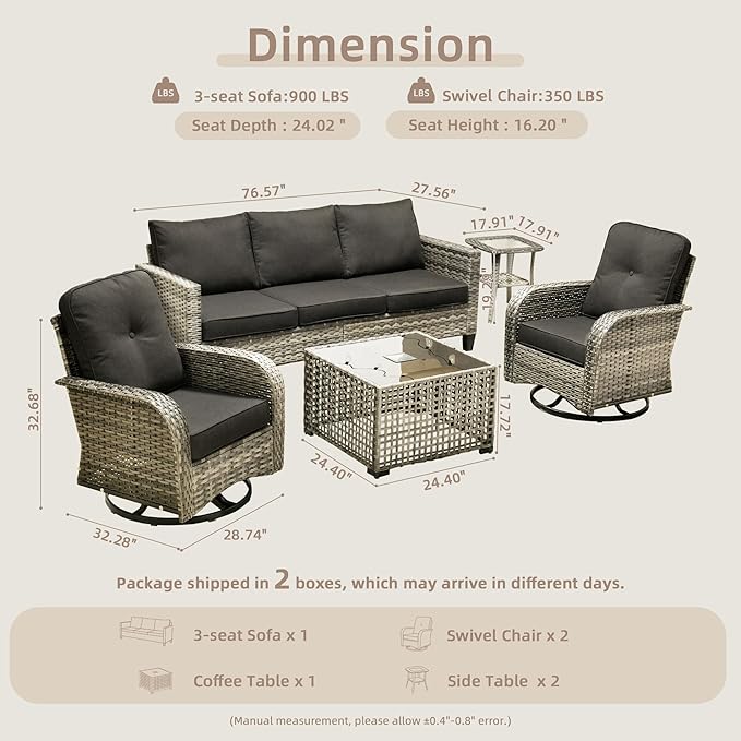 Patio Furniture, All Weather Wicker 6 PCS Outdoor Sofa with High Back Swivel Rocker Chairs, Conversation Set with Solar Light Coffee Table,Light Rattan Black Cushion
