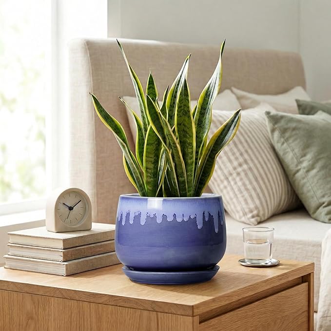 Ceramic Flower Pots - 7 Inch Indoor Planter with Drainage Hole and Saucer, Decorative Unique Flower Pot for Indoor Plants, Round Plant Pots, Office Patio Decor, Garden Gifts Women, Blue