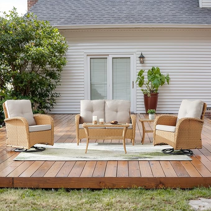 2 in 1 Porch Glider Swivel Chair - Outdoor Swivel Rocker Patio Wicker Chair with Thick Cushions, 300 Lb Weight Capacity Patio Swivel Glider Seating Yellow/Beige