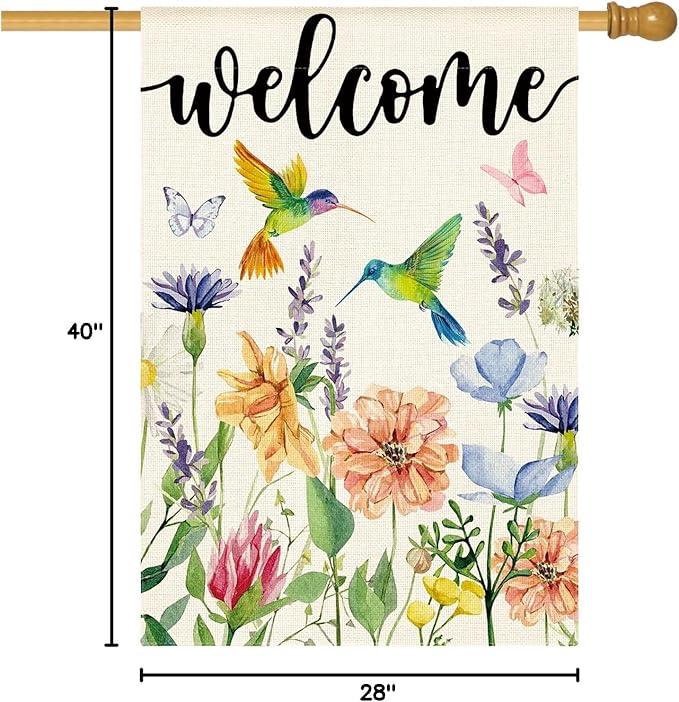 AVOIN colorlife Hummingbird Spring Flowers House Flag 28 x 40 Inch Double Sided, Seasonal Welcome Yard Outdoor Flag