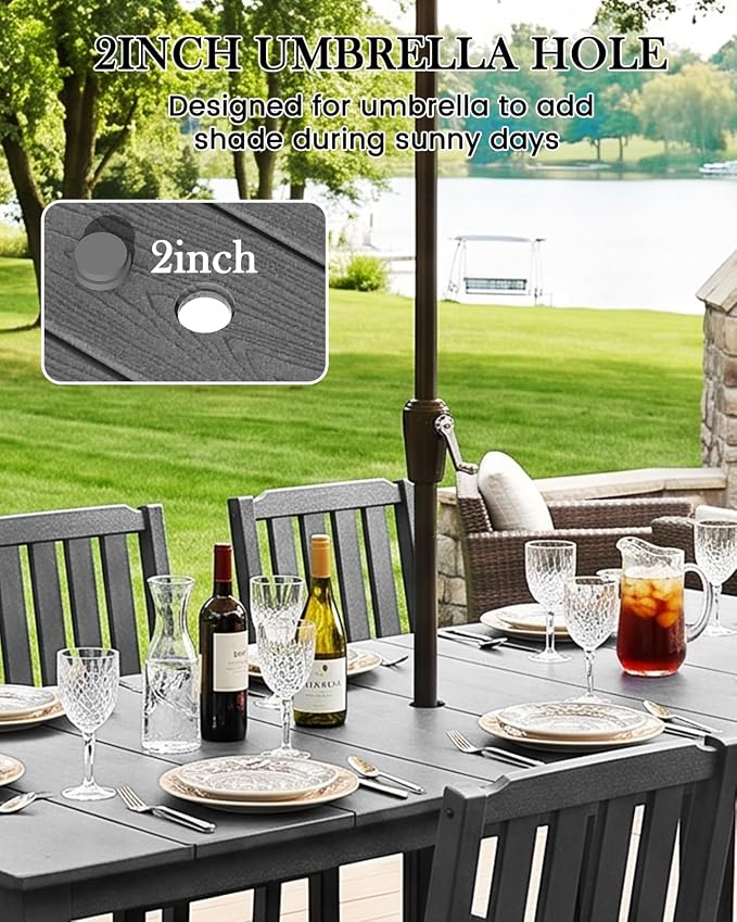 LOUNZY 7 Piece Patio Dining Set for 6, Outdoor Table and Chairs,Grey | 75.2” table,6 seat patio dining set, HDPE wood-look, fade resistant and waterproof, low maintenance outdoor furniture