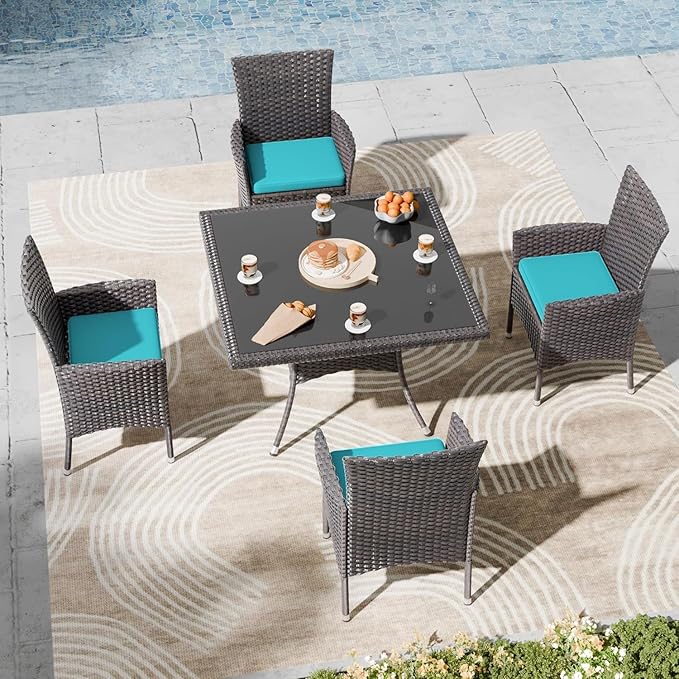 Kullavik 5 Pieces Outdoor Dining Set Patio Rattan Furniture Set,Patio Dining Table and Chairs Set with 4 Chairs and Cushions,Square Glass Tabletop with Umbrella Hole for Patio,Backyard,Blue