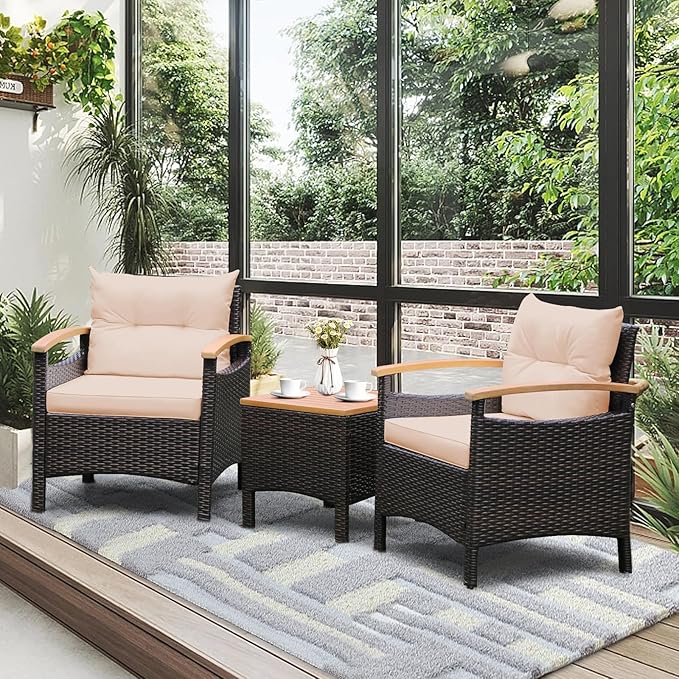 KOTEK 3-Piece Patio Furniture, Outdoor Conversation Set with Removable Cushions, Acacia Wood Tabletop and Armrests, PE Rattan Wicker Bistro Set for Porch, Balcony, Backyard (Beige)