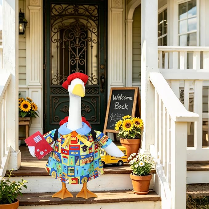 Back to School Porch Goose Outfit with Schoolbag for 23" Porch Goose Statue | Porch Goose Back to School Outfit with Notebook, Classroom Goose for First Day of School, Outdoor, Garden, Yard, Patio Decor