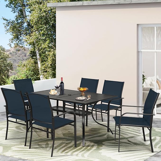 Crownland 7 Piece Patio Dining Set, Outdoor Textilene Dining Sets, 6 Textilene Metal Chairs and Rectangular Outdoor Dining Table with 1.57" Umbrella Hole (Blue)