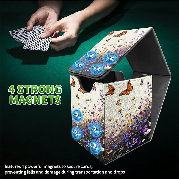 Purple Flower Butterfly Card Deck Box for MTG, Personalized Card Storage Case Fits 120+ Sleeved Cards, Premium Leather TCG Box with Strong Magnetic Closure for Magic, PTCG, Baseball Cards