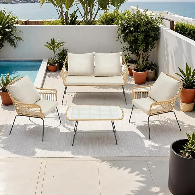 ONBRILL 4-Piece Patio Wicker Loveseat Sets, Boho Patio Furniture Set, Galvanized Iron Frame, Thickened Weather-Resistant Olefin Cushions, Tempered Glass Top, UV-Proof, Beige
