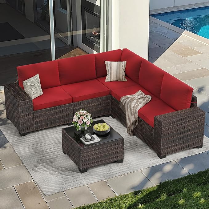 Soohow 6-Piece Patio Furniture Set All-Weather Outdoor Wicker Sectional Conversation Set with Cushion and Glass Table for Garden, Porch, Backyard, Wine Cushions