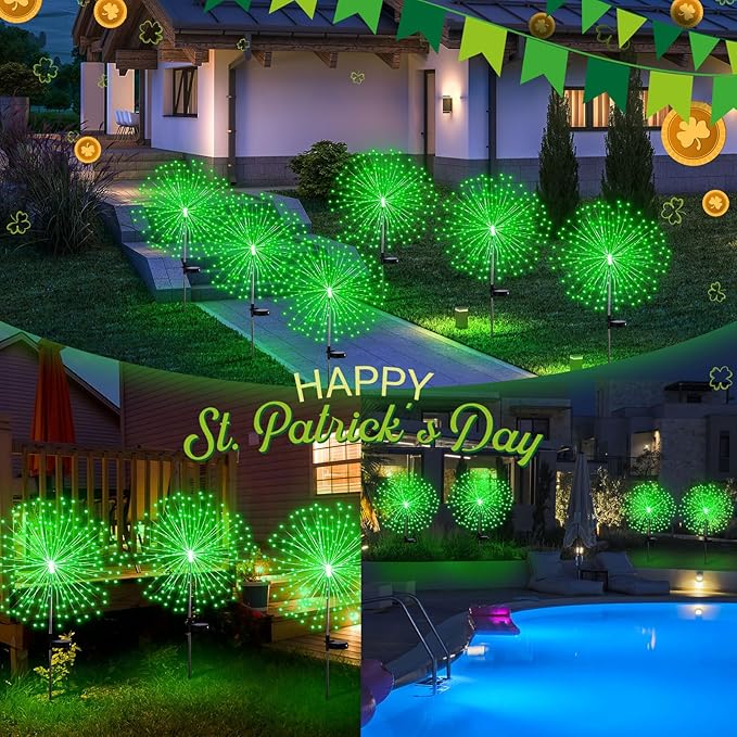 Tujoe 4 Pcs St Patricks Day Solar Lights Solar Firework Lights Decoration 180 LED 8 Modes Waterproof LED Stake Sparkler Decor for Irish Walkway Pathway Driveway Garden Patio Yard Lawn(Green)