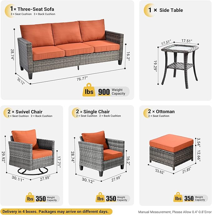 ovios 8 Pieces Patio Furniture Set, Outdoor Wicker Sofa Couch with Swivel Chairs, Rocking Glider Rocker with Comfy Cushions All Weather Rattan Conversation Set, Orange Red