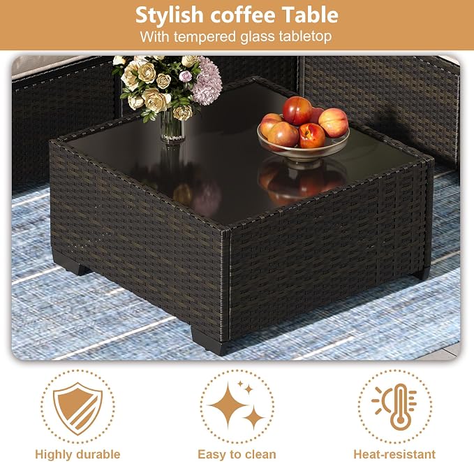 JOYURE 5 Pieces Patio Furniture Set, Outdoor Sofa with Waterproof Cushions&Ottoman, Rattan L Shaped Patio Couch & Coffee Table, Modern Outdoor Furniture for Backyard, Deck, Balcony – Beige