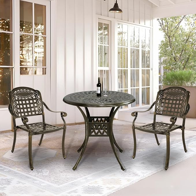 VIVIJASON 3-Piece Outdoor Patio Bistro Set, All-Weather Cast Aluminum Furniture Dining Sets Include 2 Chairs and 31" Round Table w/Umbrella Hole for Balcony, Lawn, Garden, Backyard, Antique Bronze