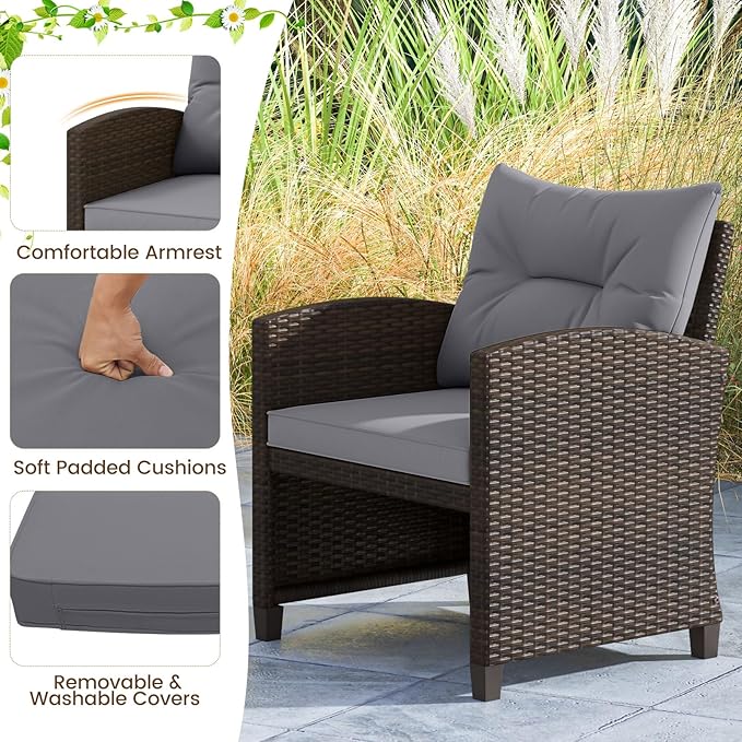 ORALNER 5 Pieces Patio Furniture Set with Ottoman, Wicker Conversation Set w/Cushions, Glass Coffee Table, Outdoor Rattan Lounger Chairs Bistro Set for Porch Balcony Garden Deck Poolside (Gray)