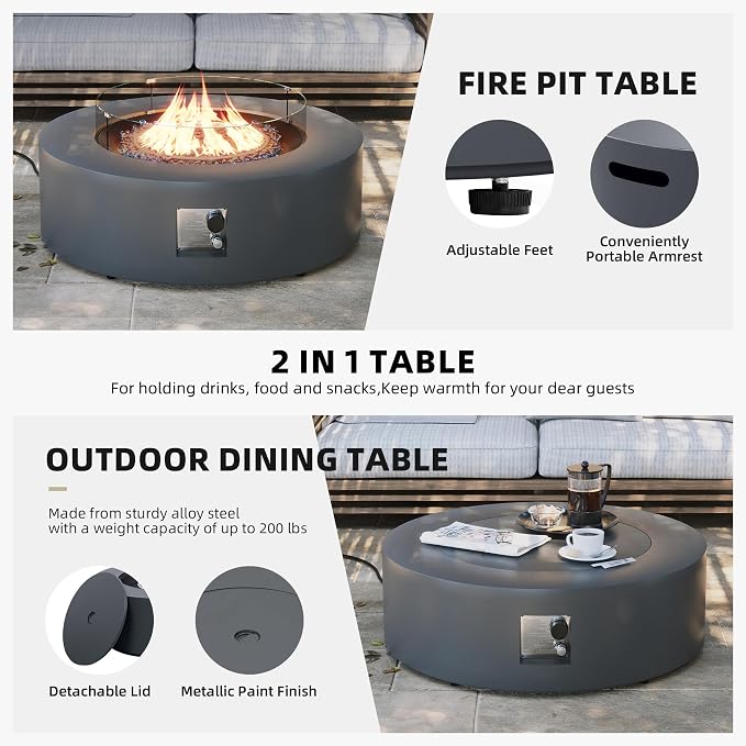 UPHA 9 Pieces Patio Furniture Sets, Wicker Outdoor Sectional Sofa Couch with Round Propane Pit for Deck Backyard Garden, Brown Rattan, Navy Blue Cushion